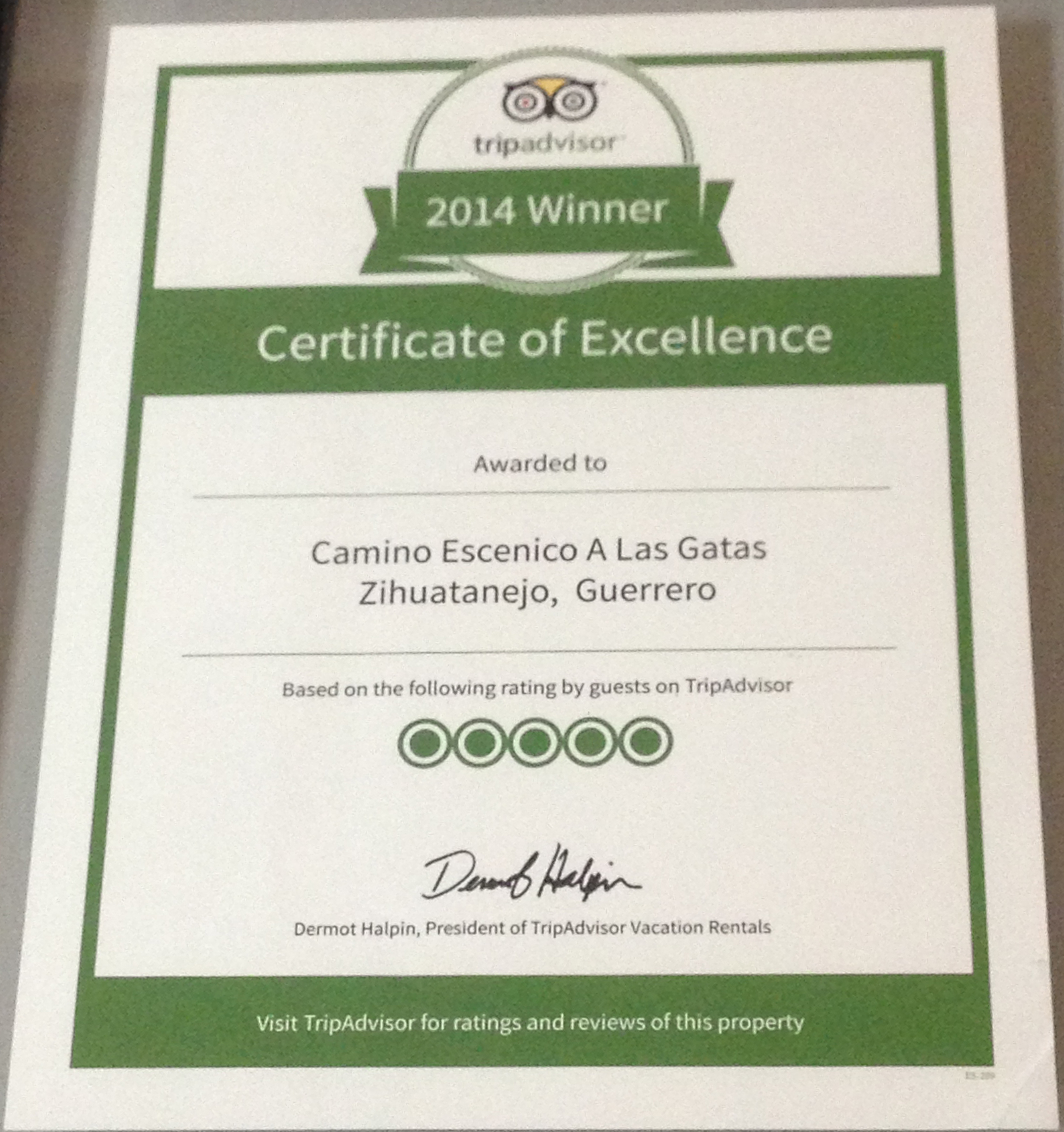 TripAdvisor Certificate of Excellence